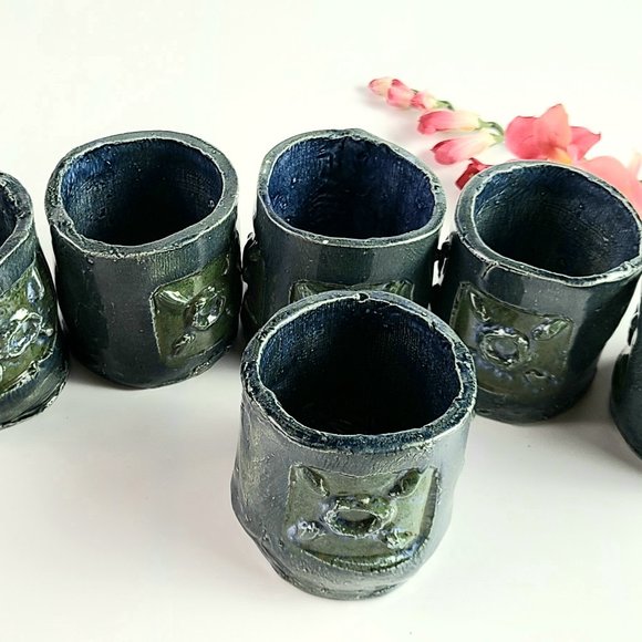 Vintage- Signed - Dark Blue Handmade Stoneware Tea Set with 6 Cups - Picture 9 of 12